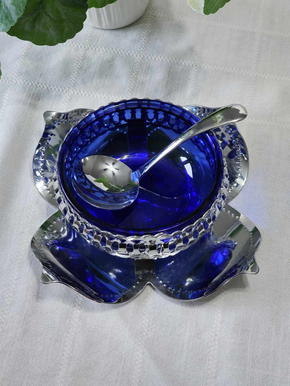Vintage Cobalt Blue Glass Jam Preserve Dish Chrome Holder & Spoon